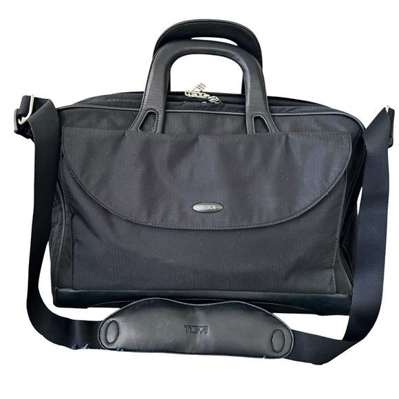 TUMI Laptop Bag Briefcase Black Leather Ballistic Nylon Travel Bag With Pouch - Picture 1 of 17